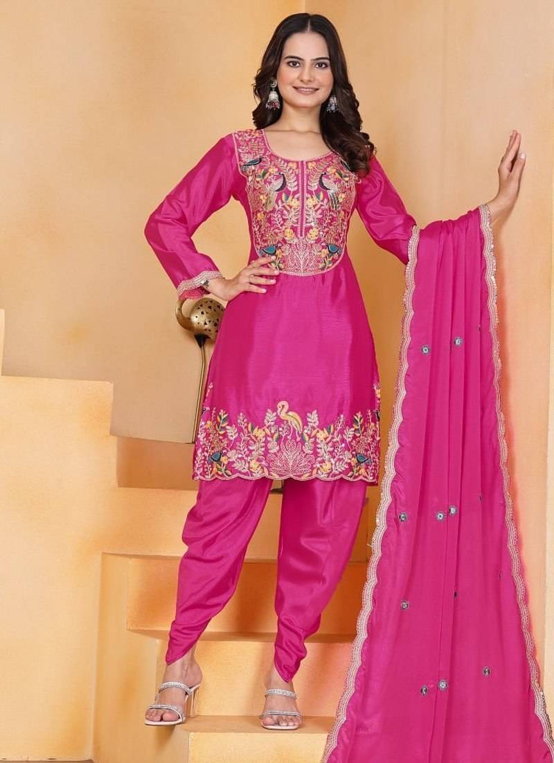 Pink coding sequins embroidered chinon stitched salwar kameez