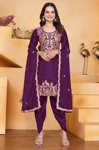 Wine coding sequins embroidered chinon stitched salwar kameez