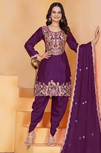 Wine coding sequins embroidered chinon stitched salwar kameez