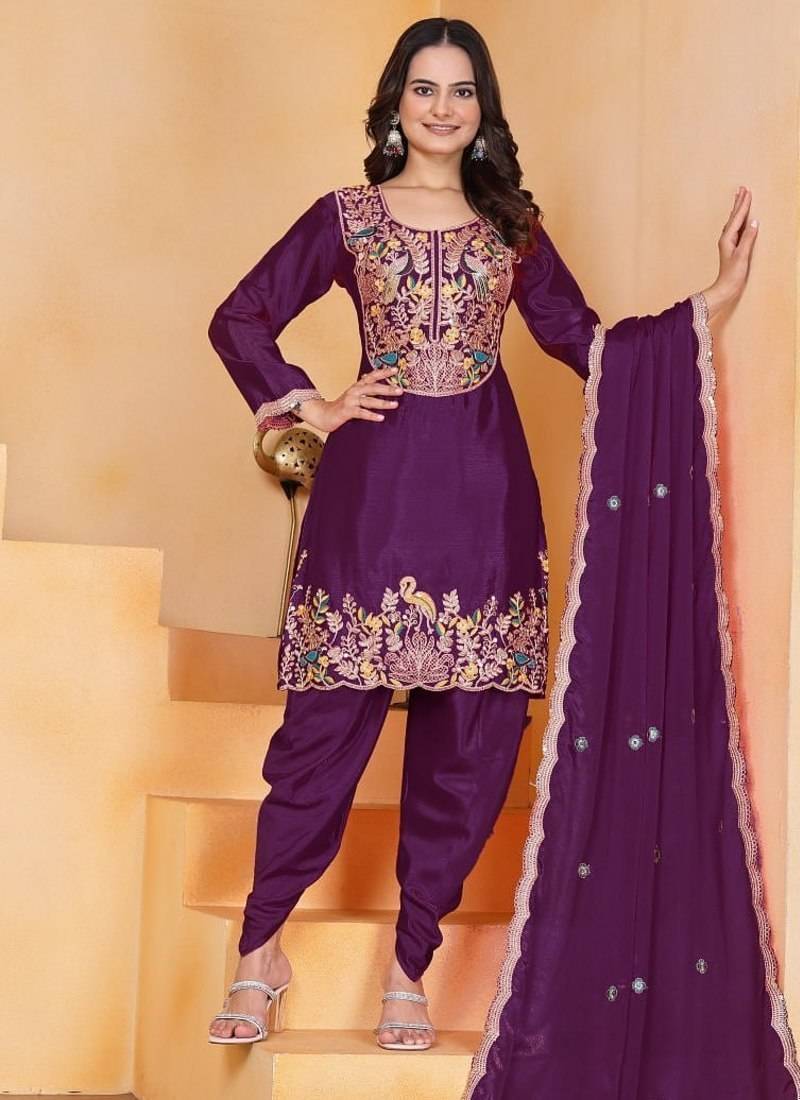 Wine coding sequins embroidered chinon stitched salwar kameez