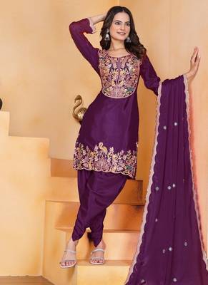 Wine coding sequins embroidered chinon stitched salwar kameez 3