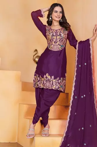 Wine coding sequins embroidered chinon stitched salwar kameez