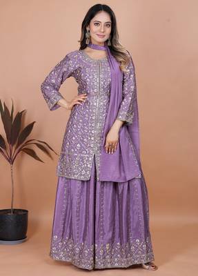 Mauve sequins embroidered chinon stitched salwar kameez 1