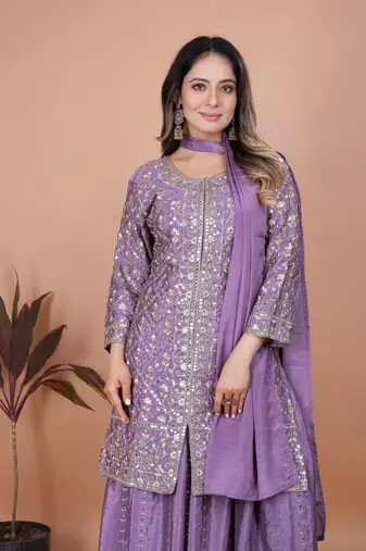 Mauve sequins embroidered chinon stitched salwar kameez