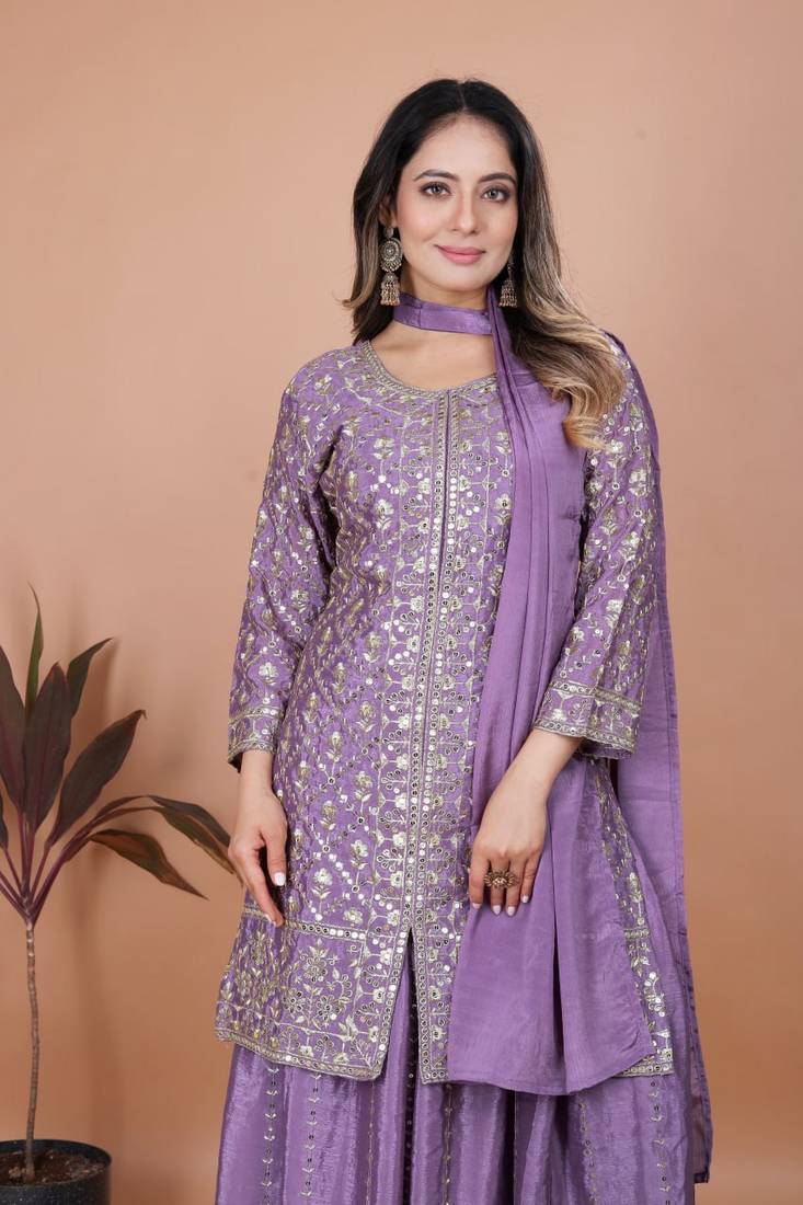 Mauve sequins embroidered chinon stitched salwar kameez