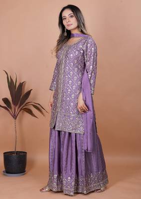 Mauve sequins embroidered chinon stitched salwar kameez 3