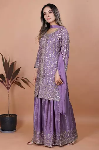 Mauve sequins embroidered chinon stitched salwar kameez