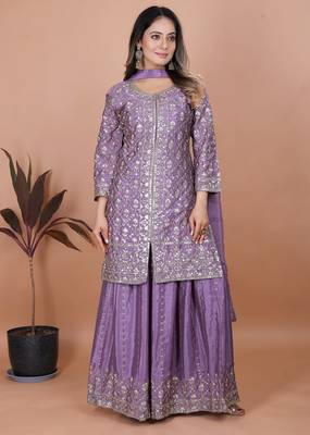 Mauve sequins embroidered chinon stitched salwar kameez 4