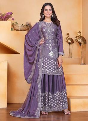 Mauve sequins embroidered chinon stitched salwar kameez 1