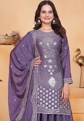 Mauve sequins embroidered chinon stitched salwar kameez 2