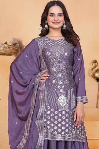 Mauve sequins embroidered chinon stitched salwar kameez
