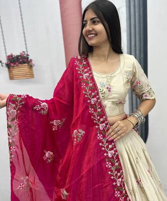 Off White Color Embroidery ,Thread and Sequence Work Silk blend lehenga choli set 1