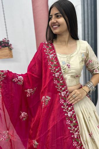 Off White Color Embroidery ,Thread and Sequence Work Silk blend lehenga choli set