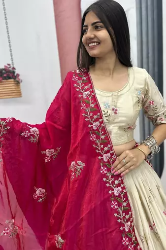 Off White Color Embroidery ,Thread and Sequence Work Silk blend lehenga choli set