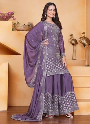 Mauve sequins embroidered chinon stitched salwar kameez 3