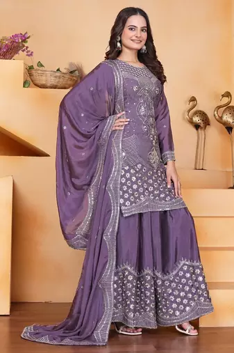 Mauve sequins embroidered chinon stitched salwar kameez