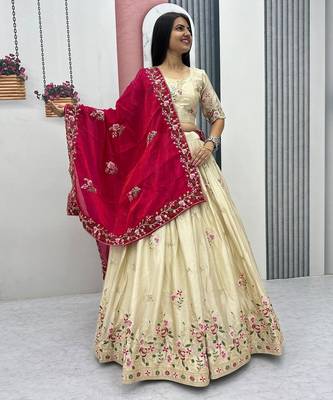 Off White Color Embroidery ,Thread and Sequence Work Silk blend lehenga choli set 2