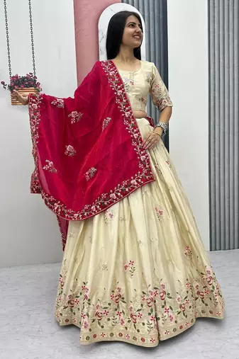 Off White Color Embroidery ,Thread and Sequence Work Silk blend lehenga choli set