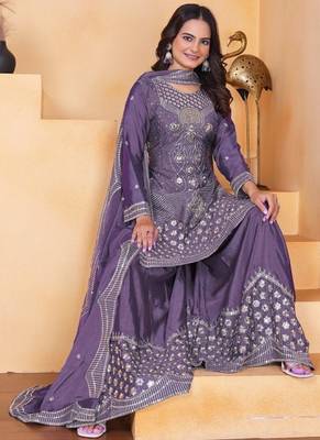 Mauve sequins embroidered chinon stitched salwar kameez 4