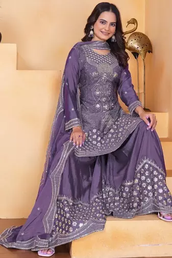 Mauve sequins embroidered chinon stitched salwar kameez