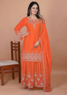 Orange coding sequence embroidered and rivet moti work chinon stitched salwar kameez 1