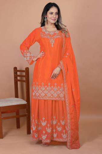 Orange coding sequence embroidered and rivet moti work chinon stitched salwar kameez