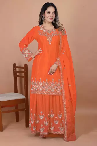 Orange coding sequence embroidered and rivet moti work chinon stitched salwar kameez