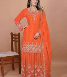 Orange coding sequence embroidered and rivet moti work chinon stitched salwar kameez