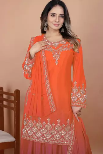 Orange coding sequence embroidered and rivet moti work chinon stitched salwar kameez