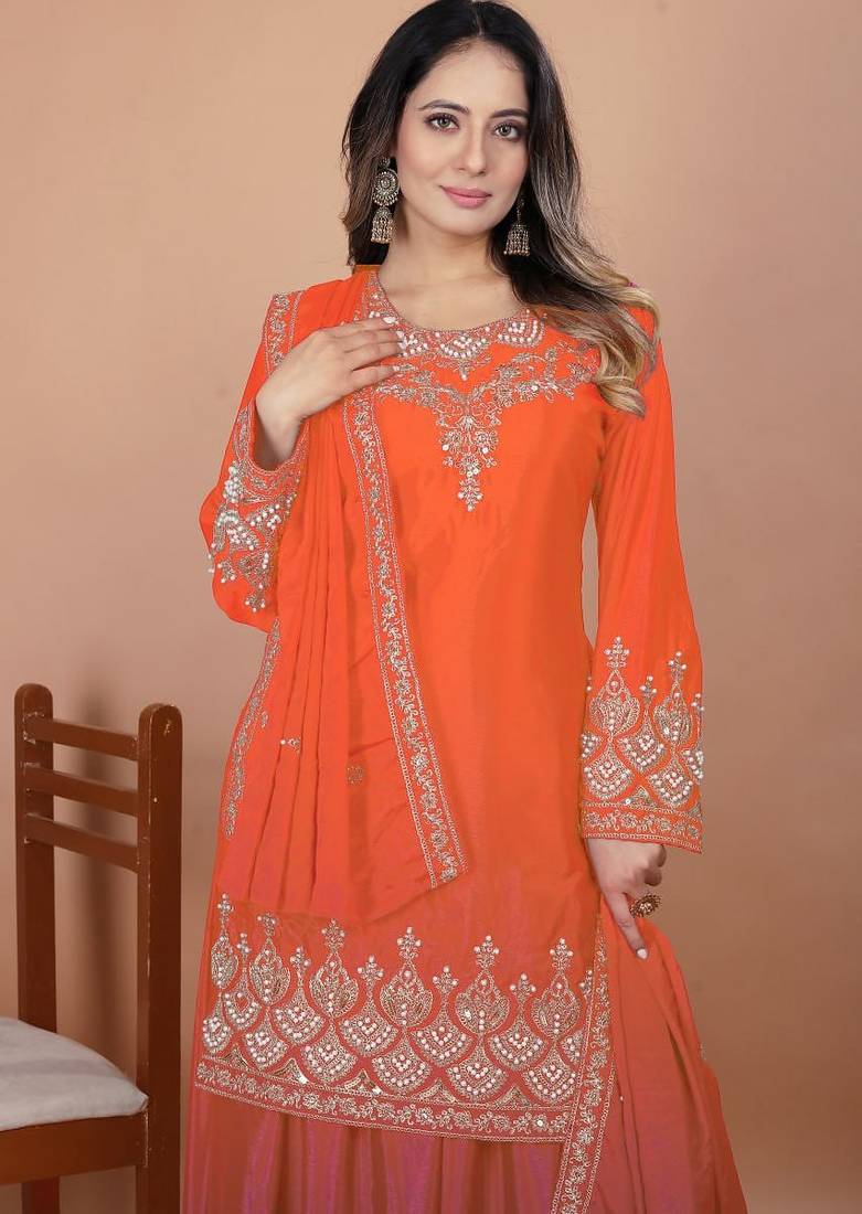 Orange coding sequence embroidered and rivet moti work chinon stitched salwar kameez