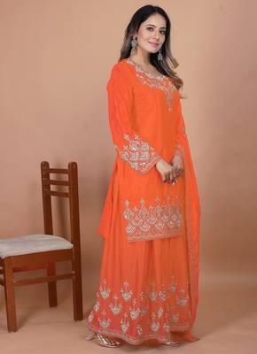 Orange coding sequence embroidered and rivet moti work chinon stitched salwar kameez 3
