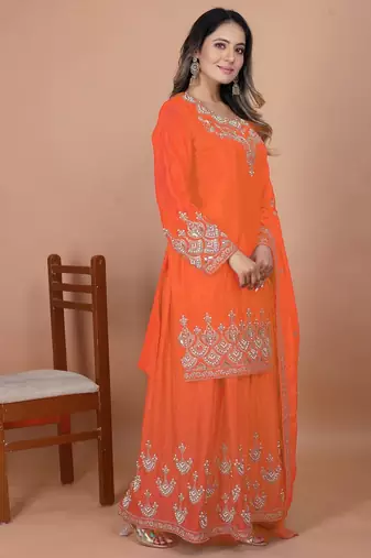 Orange coding sequence embroidered and rivet moti work chinon stitched salwar kameez