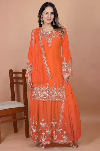 Orange coding sequence embroidered and rivet moti work chinon stitched salwar kameez