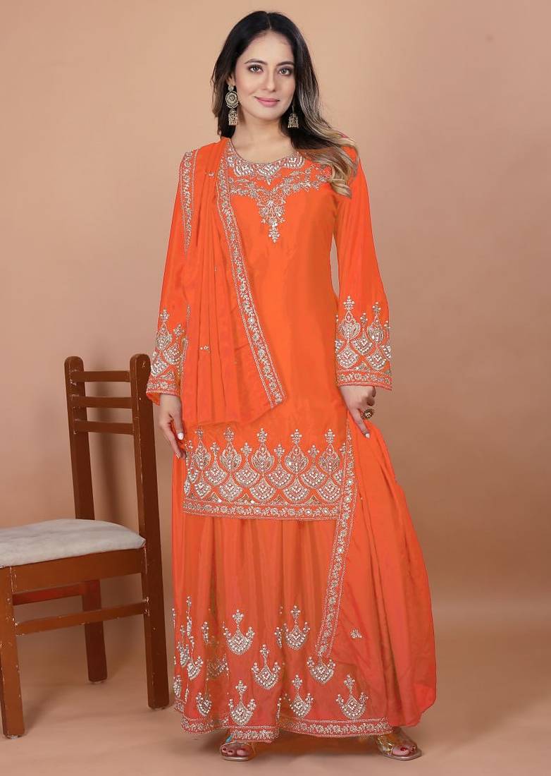 Orange coding sequence embroidered and rivet moti work chinon stitched salwar kameez
