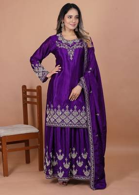 Purple coding sequence embroidered and rivet moti work chinon stitched salwar kameez 1