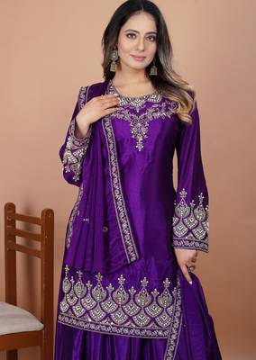 Purple coding sequence embroidered and rivet moti work chinon stitched salwar kameez 2