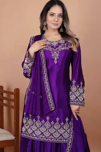 Purple coding sequence embroidered and rivet moti work chinon stitched salwar kameez