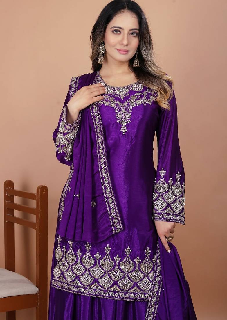 Purple coding sequence embroidered and rivet moti work chinon stitched salwar kameez