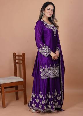Purple coding sequence embroidered and rivet moti work chinon stitched salwar kameez 3