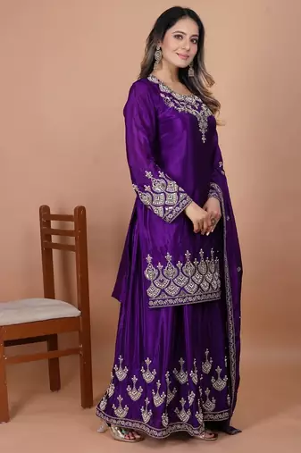 Purple coding sequence embroidered and rivet moti work chinon stitched salwar kameez
