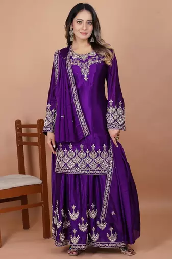 Purple coding sequence embroidered and rivet moti work chinon stitched salwar kameez