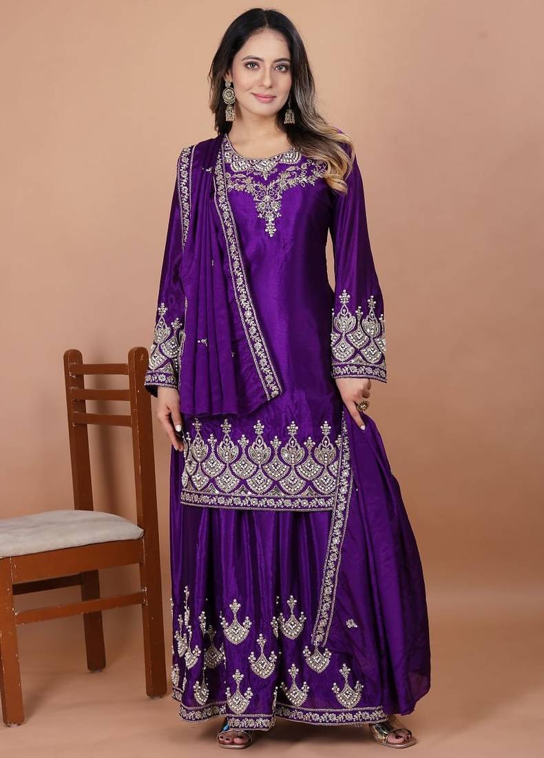 Purple coding sequence embroidered and rivet moti work chinon stitched salwar kameez