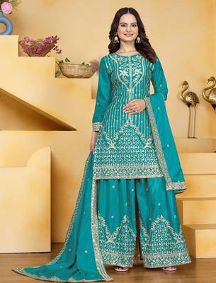 Teal sequins embroidered natural crepe stitched salwar kameez 1