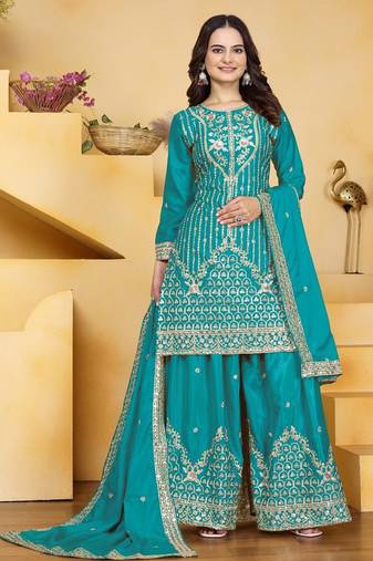 Teal sequins embroidered natural crepe stitched salwar kameez