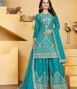 Teal sequins embroidered natural crepe stitched salwar kameez