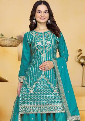 Teal sequins embroidered natural crepe stitched salwar kameez 2