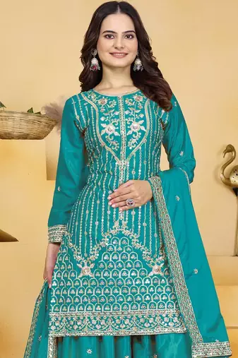 Teal sequins embroidered natural crepe stitched salwar kameez