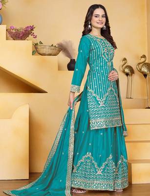 Teal sequins embroidered natural crepe stitched salwar kameez 3