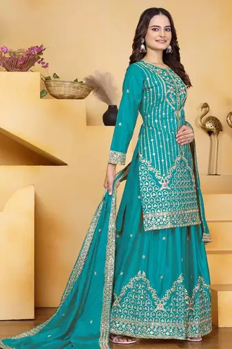 Teal sequins embroidered natural crepe stitched salwar kameez