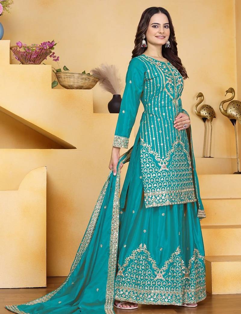 Teal sequins embroidered natural crepe stitched salwar kameez